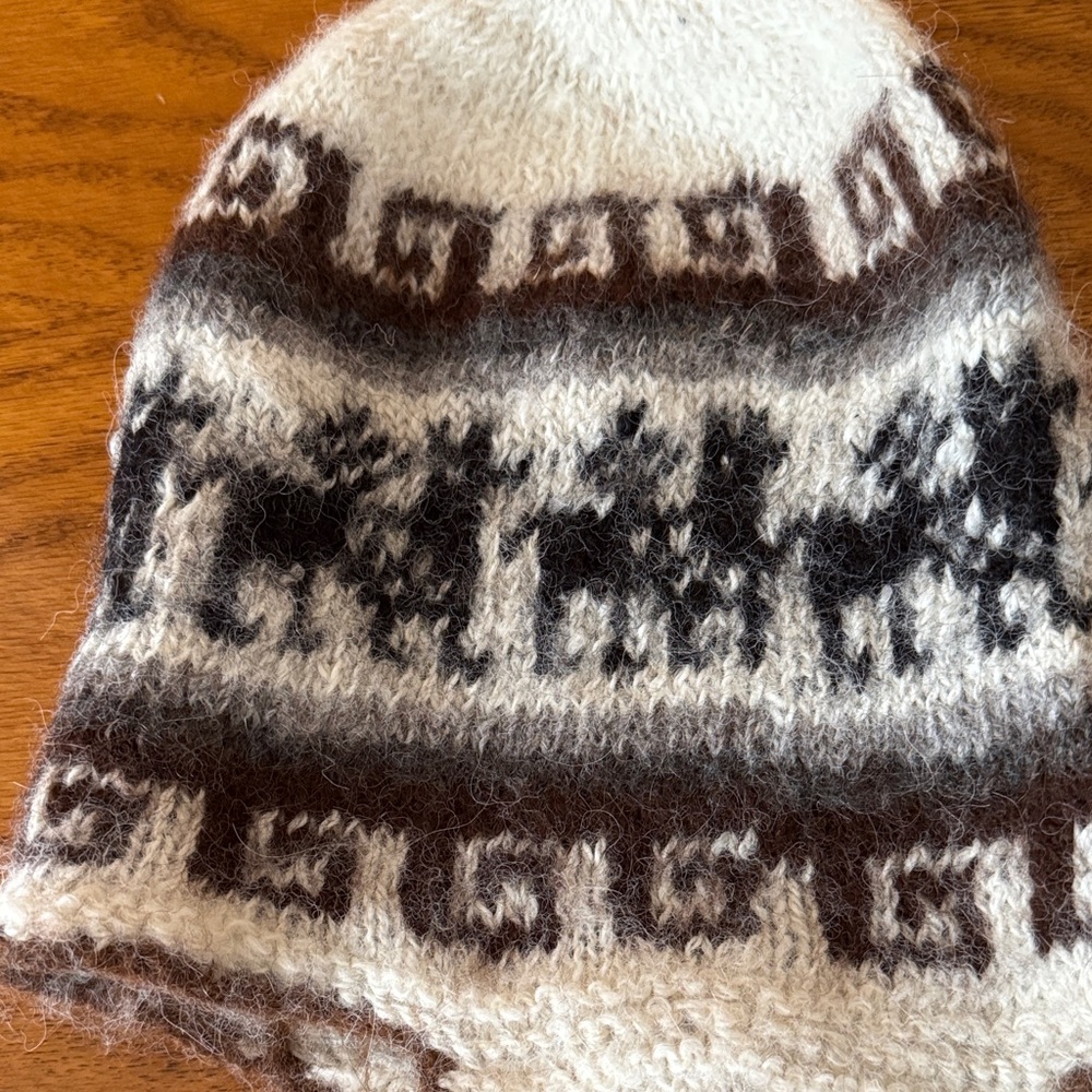 Cozy White and Brown Alpaca Handmade Knit Peruvian Design Hat - Picture 6 of 10